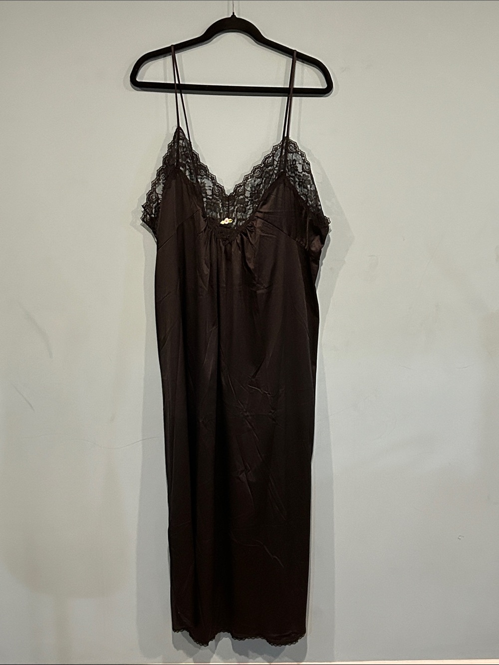 Vintage Lorraine Black Long Negligee Nightgown 1X Lace Trim Slip Dress